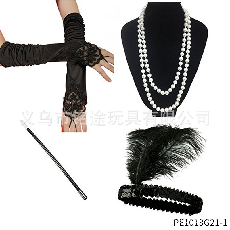 Vintage 1920s FLAPPER niña ropa diadema lana raya guantes de plástico falso tabaco varilla Gatsby traje