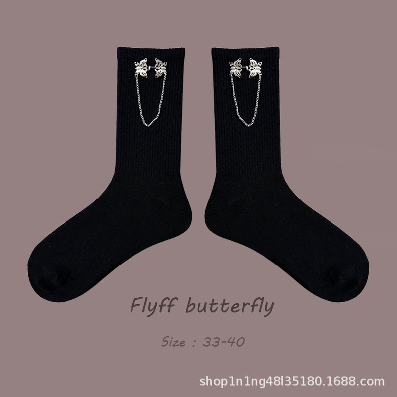 Black hand-stitched butterfly buckle short socks cheongsam matching socks metal chain Handmade socks JK women Black hand-stitched butterfly buckle short socks cheongsam matching socks metal chain Handmade socks JK women