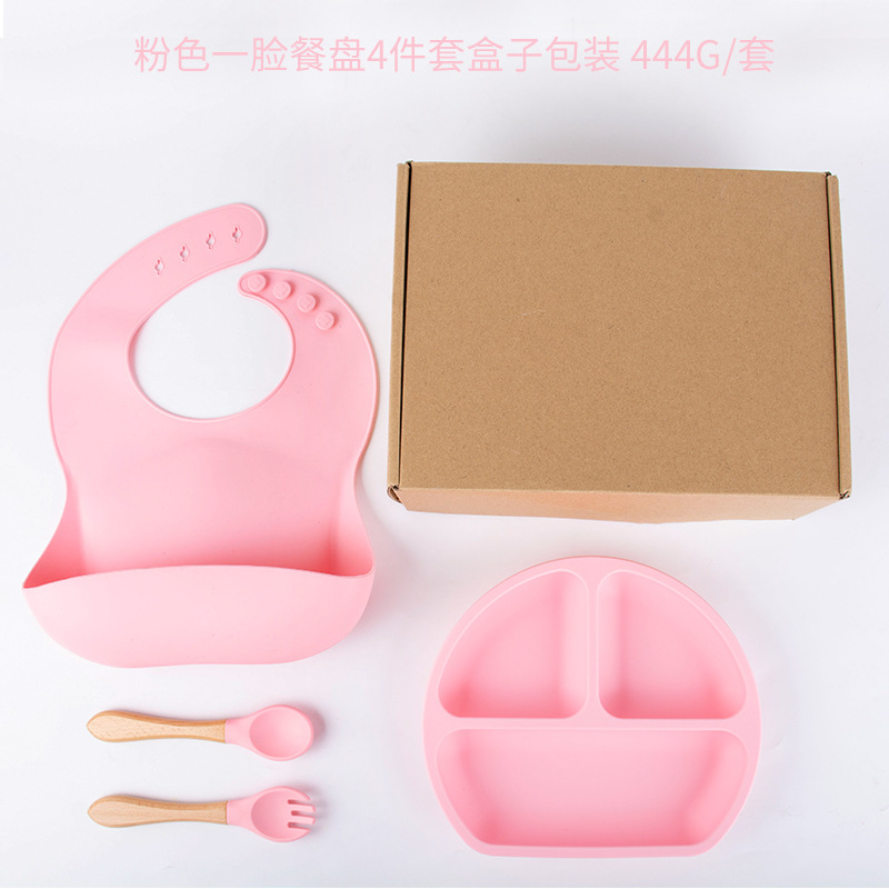 핑크 4피스 디너 접시 세트(턱받이 + 디너 접시 + 나무 손잡이 포크와 스푼) + 비행기 케이스 DM-228-12