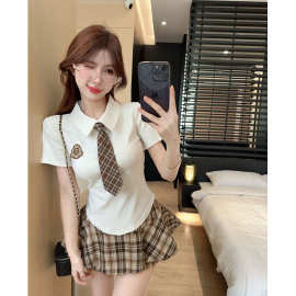 夏季学院风jk制服套装女修身减龄短袖款上衣高腰半身裙三件套件套