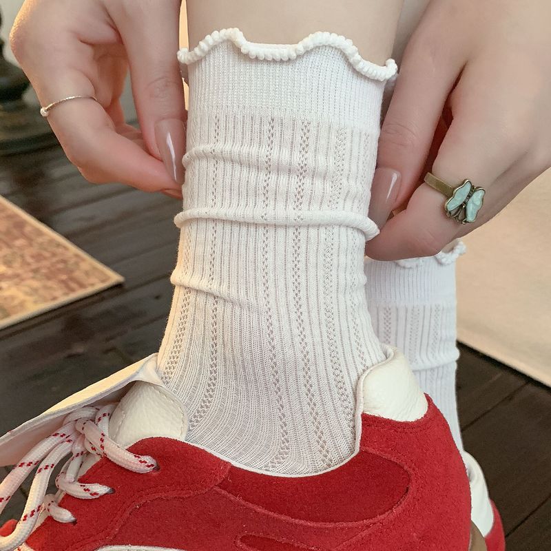 白色袜子女夏薄款网眼镂空中筒袜无骨甜美花边棉袜纯色简约堆堆袜|undefined