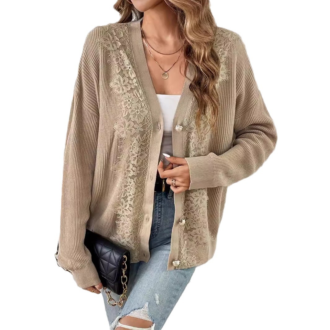Sexy Knit Cardigan Set – Chic Open-Front Acrylic Sweater With Lace Trim (Khaki, S/M/L)_voghion.com