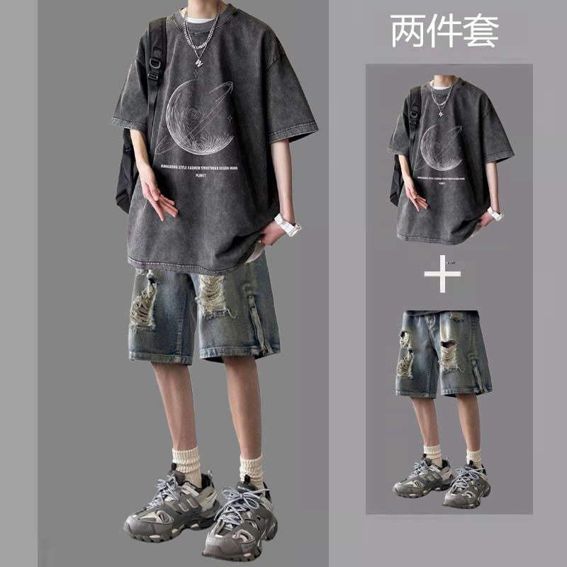 Summer Hong Kong Style Short-Sleeved T-Shirt Men's Trendyy Casual Suit for Teenagers and Handsome Two-Piece Set with Denim Shorts