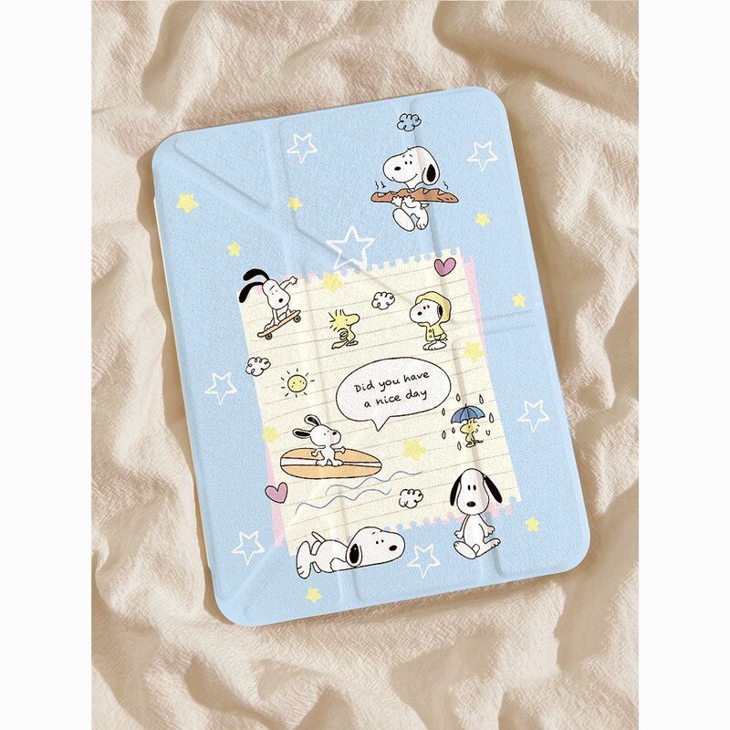 Cartoon Snoopy notepad case suitable for iPad 11th generation, Air 7/6 with pen slot, 10th/9th/8th generation tablet case, Y-fold