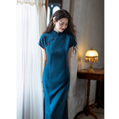 艾旗刺繍ファッション改良新中国式長金模造麻単層チャイナドレス2025夏の新型日常着チャイナドレス