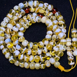 Original Russian Beeswax Necklace Bracelet, Gold Porcelain White Old Type 108 Buddha Beads, Clear Texture Beeswax Amber Bracelet