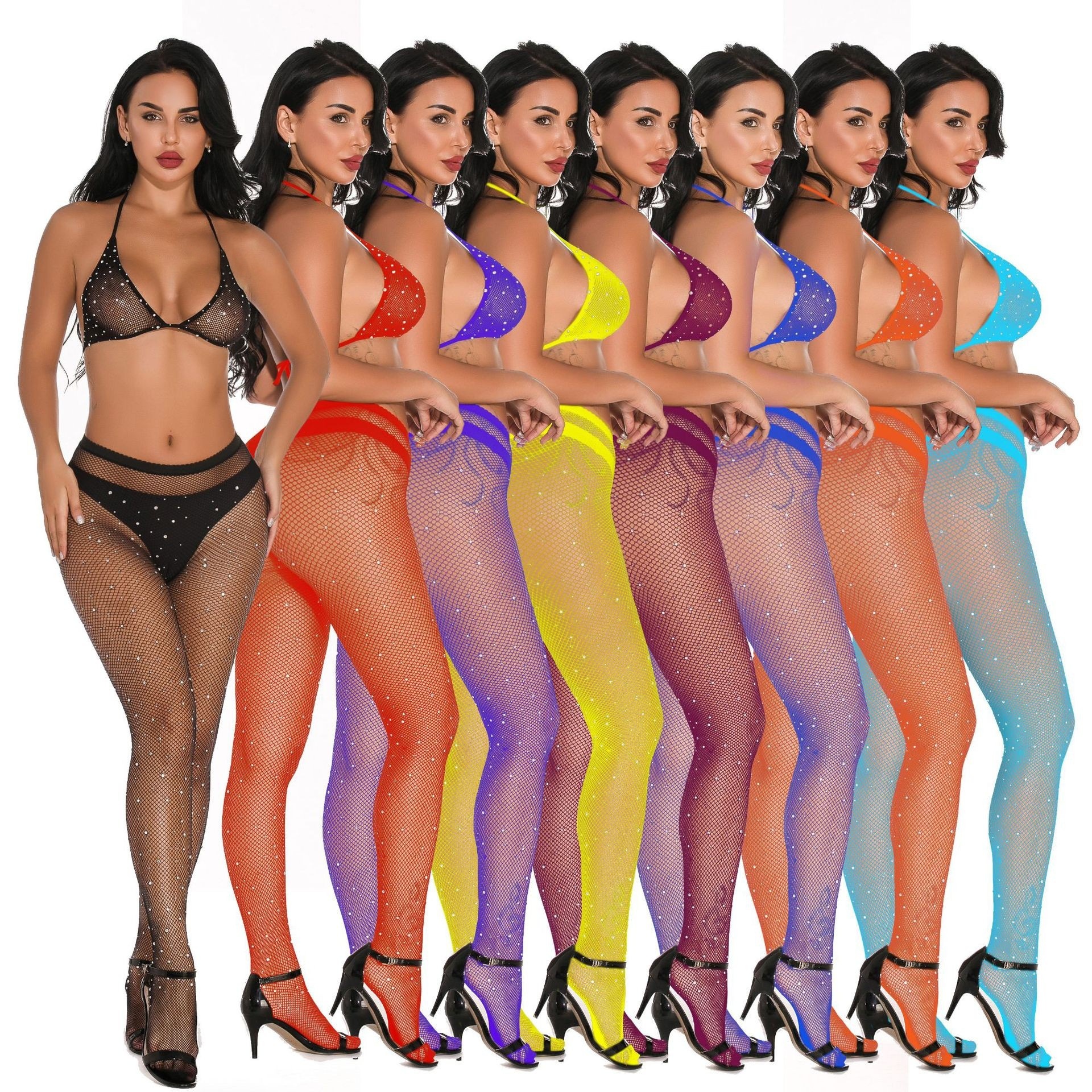 Medias de rejilla con pedrería de estilo europeo y americano, diseño de cuerpo entero y pedrería de colores, pantimedias W28. image 1