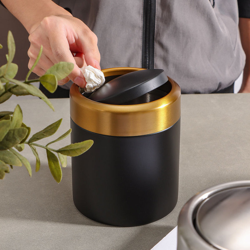 Mini Desktop Trash Can, Stainless Steel, Household Office Desk Waste Paper Basket, Simple Style, Round Bucket-Shaped Storage Bin with Lid