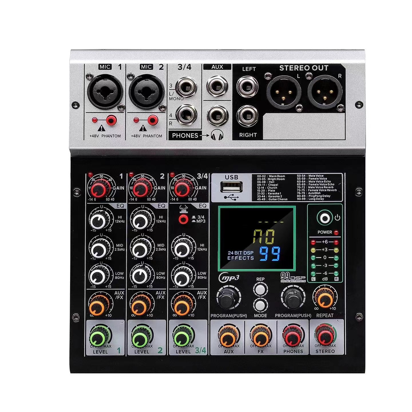 小型四路调音台USB蓝牙混音数字效果器 直播录音DJ手机电脑声卡