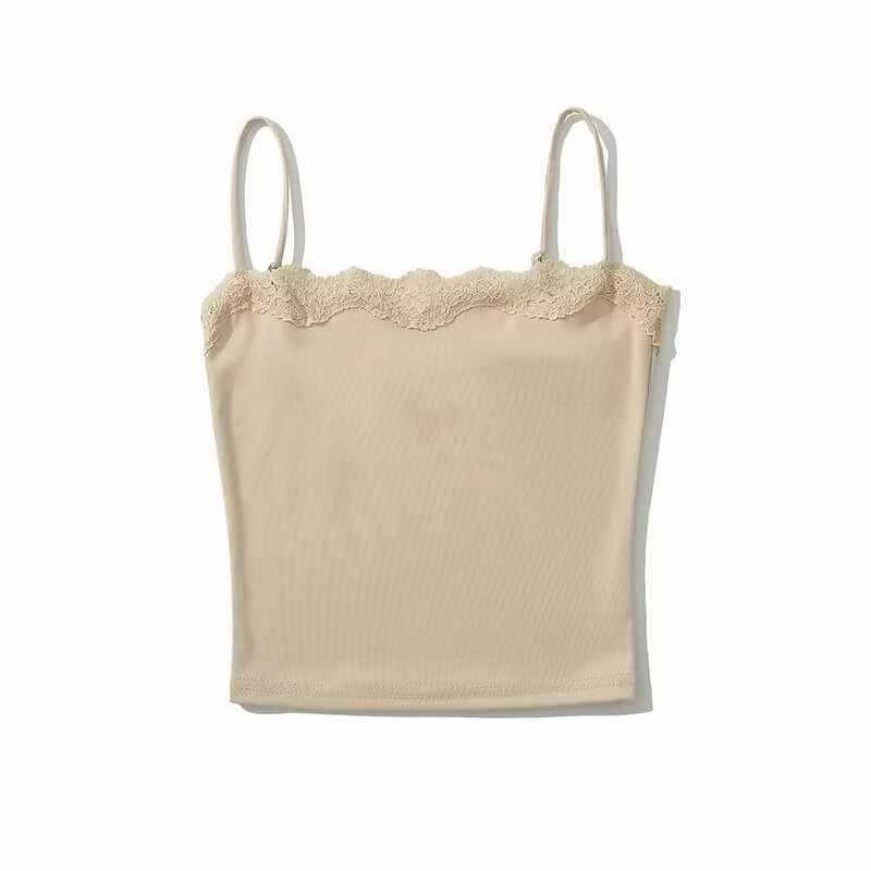American-Style Spicy Girl Pure Desire Style Lace Patchwork Off-Shoulder Spaghetti Strap Camisole Spring/Summer Short Tank Top