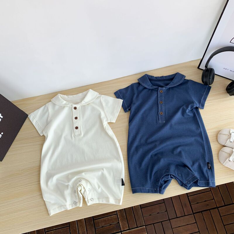 Summer Baby Doll Collar Romper Cotton Short-Sleeve Jumpsuit for Boys and Girls Simple Outdoor Crawling Outfit Trendy Cross-Border Fashion