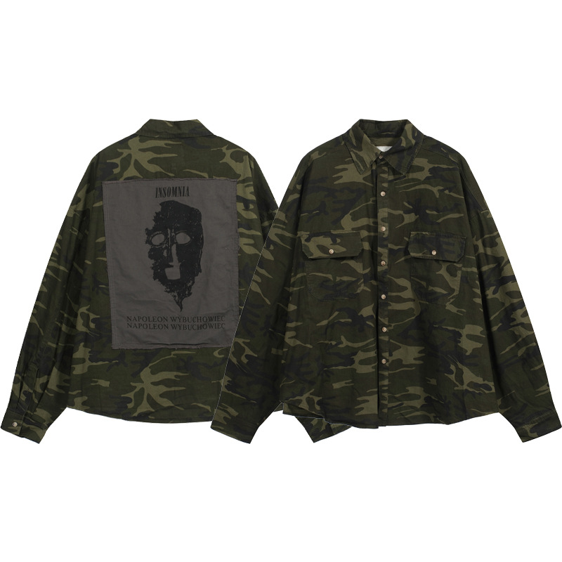 Calle undermycar lavado viejo oscuro Plaid Patch camuflaje hombres delgados y mujeres camisa casual suelta moda