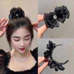 满天星发饰新款丸子头抓夹发夹盘头发的网纱蝴蝶结抓夹盘发神器女