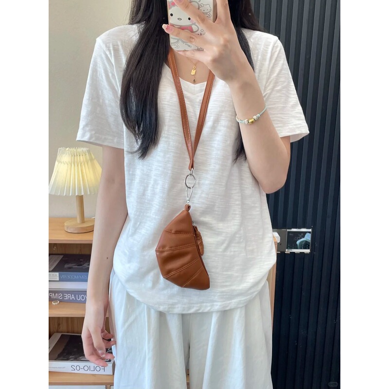 ホワイトレイジースタイル V ネック竹綿半袖レディース夏カジュアルルーズコットン Tシャツ薄い通気性ボトムストップ|undefined
