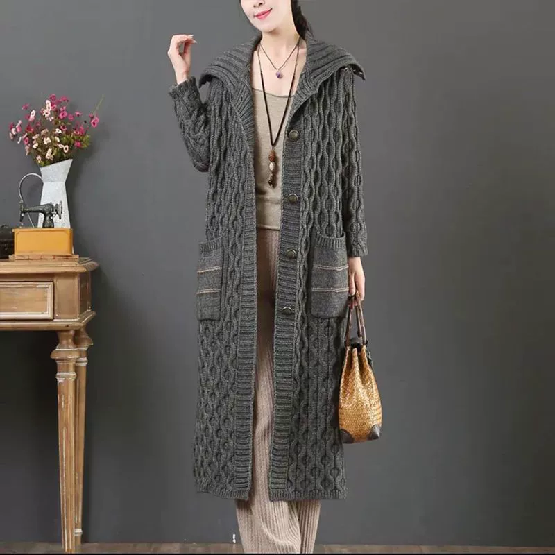 Ultra-Thick Demi-Season Knitted Cardigan Coat: Long Sweater-Jacket with Trench Flair and Warmth
