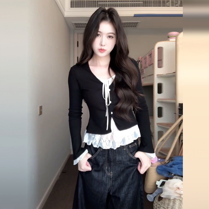 假两件蕾丝拼接长袖T恤女2025新款早秋季韩系穿搭高级感chic上衣