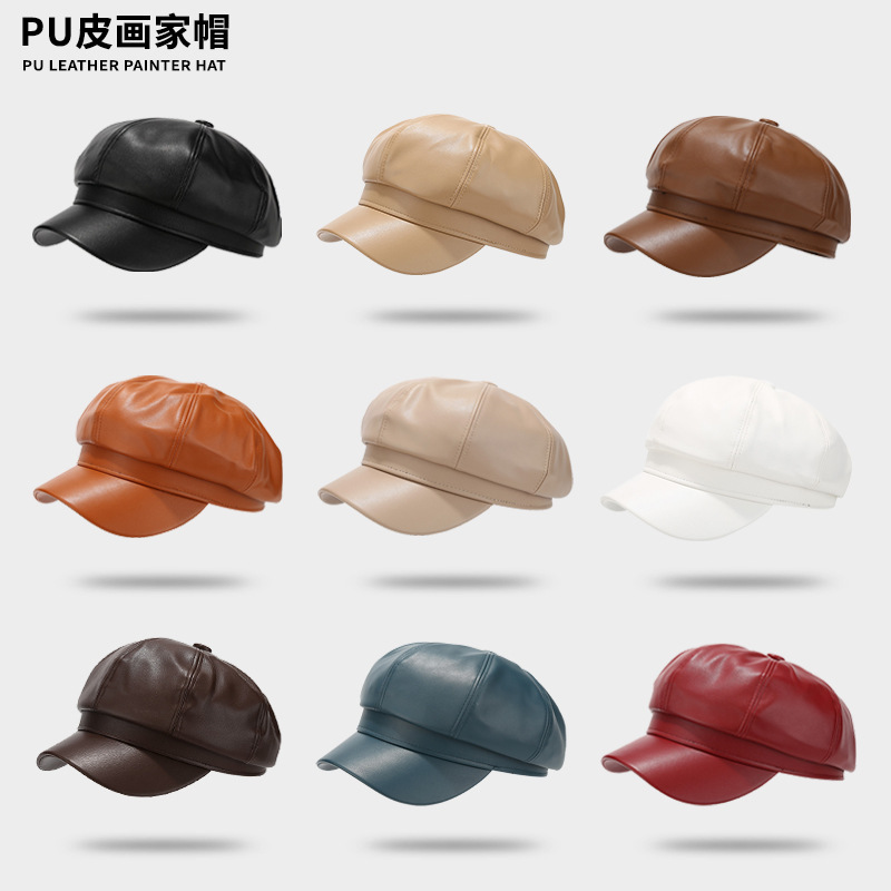 Boina coreana de otoño y invierno, gorra de pintura de estilo retro de piel pu, gorra de cara grande, gorra de octogono caliente, gorra de lengua de pato