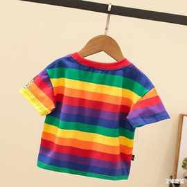 彩虹条纹纯棉短袖T恤男女童夏季新款宝宝韩版撞色半袖t潮流上衣服