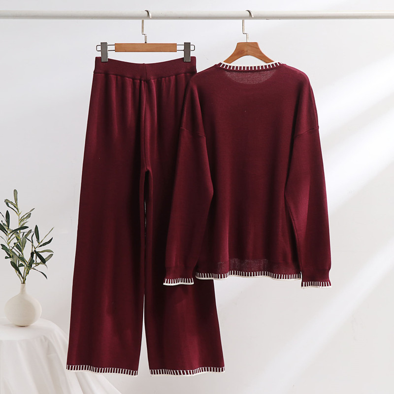 Damen Strick Pullover Zweiteiler Mit Stickerei Und Weiter Hose_voghion.com