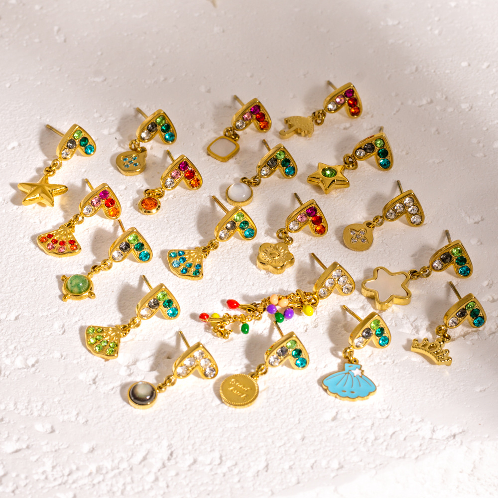 Inlay Design 1 Piece Sweet Star Heart Shape Flower Inlay 304 Stainless Steel Rhinestones Ear Studs