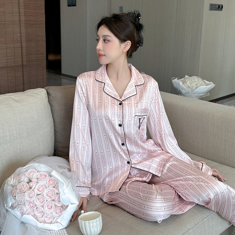 Spring and Autum New Women's Ice Silk Thin Pajamas Long-Sleeved Suit Water-Gloss Silk Home Clothes Пижама