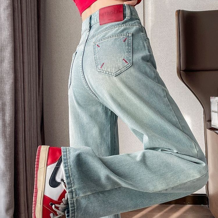 High-Waisted Slim-Fit Light-Colored Wide-Leg Jeans for Women, Spring and Autumn, Glacier Blue Embroidery, Loose Plus-Size Straight-Leg Pants for Plus-Size Women High-Waisted Slim-Fit Light-Colored Wide-Leg Jeans for Women, Spring and Autumn, Glacier Blue Embroidery, Loose Plus-Size Straight-Leg Pants for Plus-Size Women