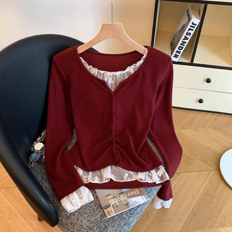Lace Splicing Long-Sleeved T-Shirt Bottoming Shirt for Women Spring & Fall 2025 Large Size Fat mm French Fake Two-Piece Short Top