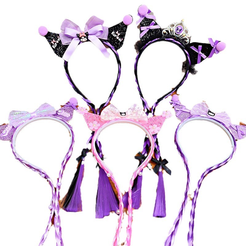Niñas niñas lindas pelucas Sanrio trenzas prensas de cabello bandos de cabello princesa adornos de cabello de dibujos animados Koolomi arco de cabello bandos