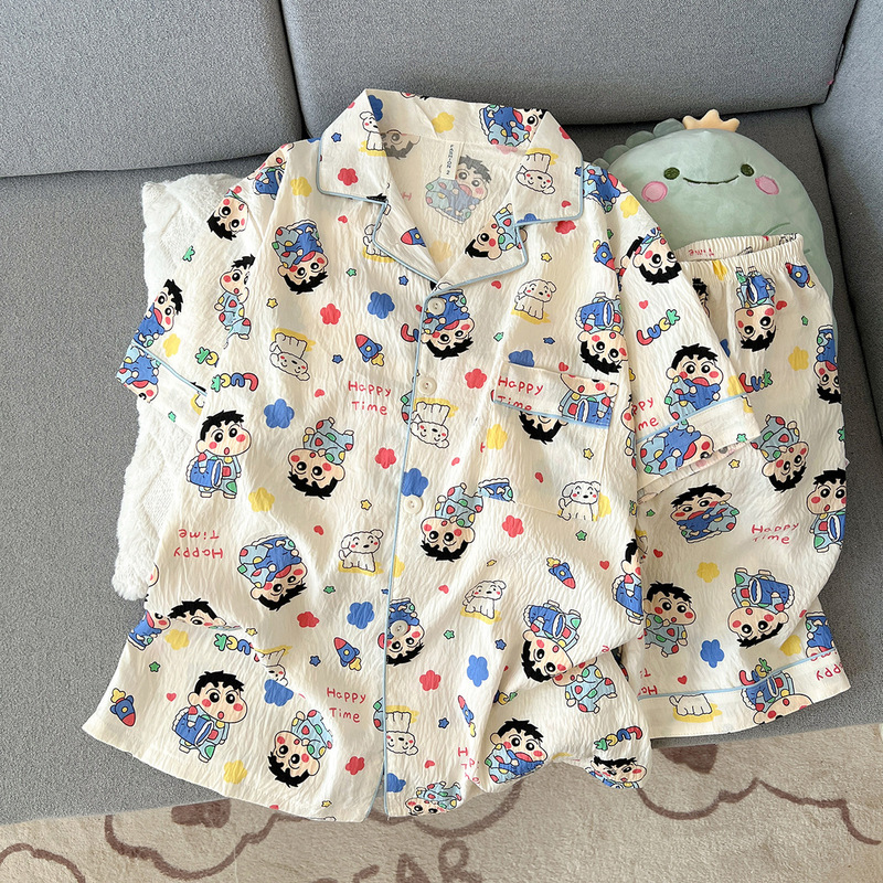 Korean Foreign Trade Summer Men's Pajamas, Boys' Cloud Cotton Cardigan, Short-Sleeved Shorts, Cartoon Crayon Shin-Chan Home Clothes