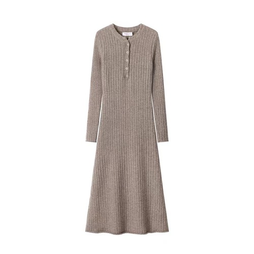 Retro Minimalist Versatile Knit Long Sleeve Dress for Women Spring High-waisted Slimming A-line Skirt Autumn/Winter Base Long Dress