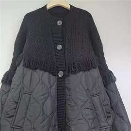 欧货针织拼接棉服外套女2025新款宽松大码棉衣胖mm显瘦中长款大衣