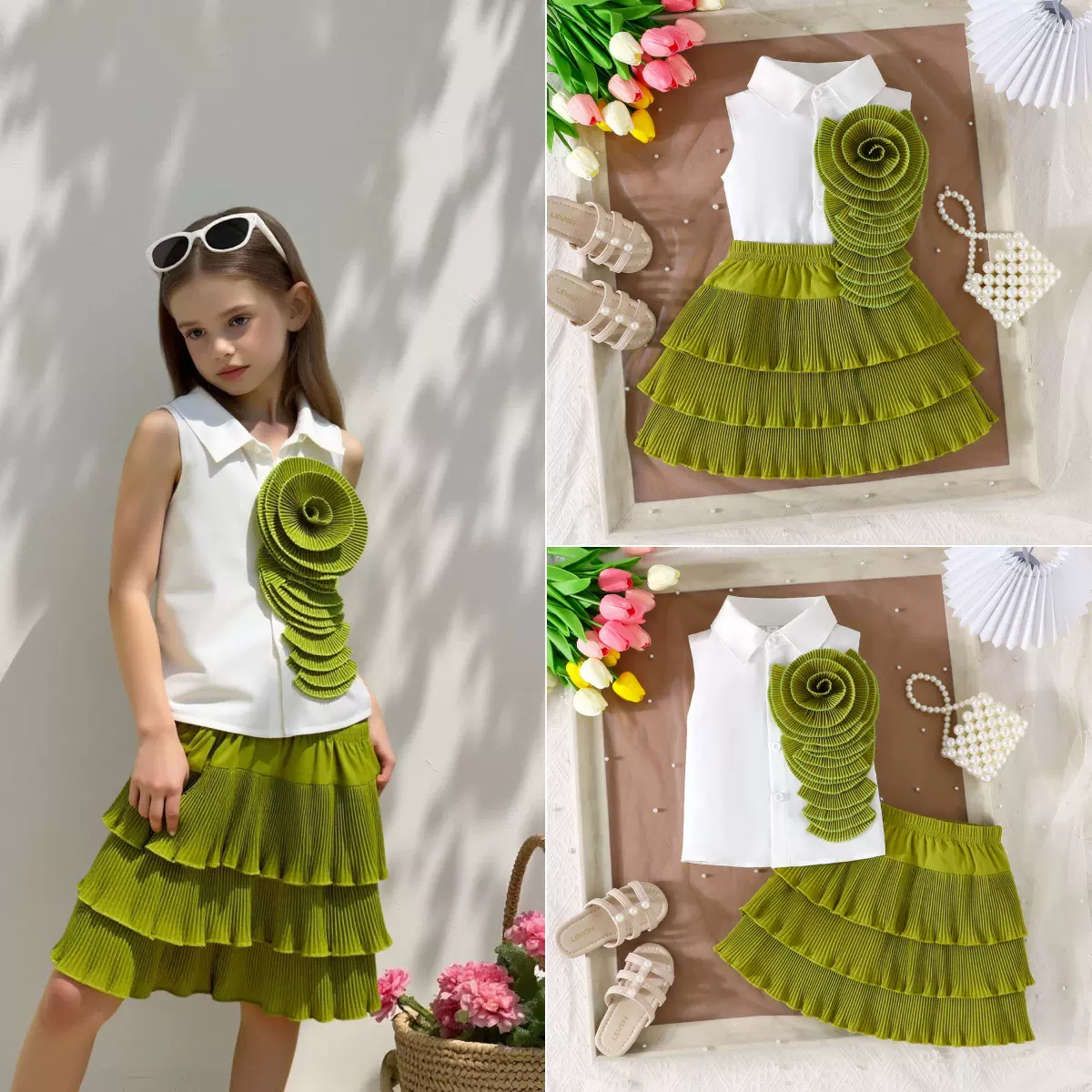 跨境无袖立体大花朵装饰上衣和纯色百褶裙女小童洋气套装源头工厂