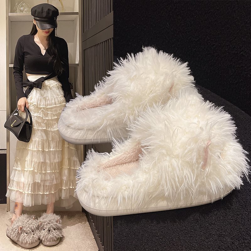 Plush Alpaca Cartoon Fluffy Autumn/Winter Cotton Slippers Closed-Toe Cute Fluffy Slippers for Women in Gray