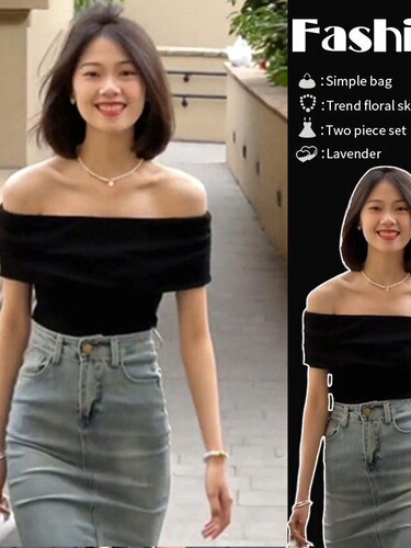 Spice girl one-shoulder black slim shirt niche short slim slim slimming 2025 spring new Korean style top for women