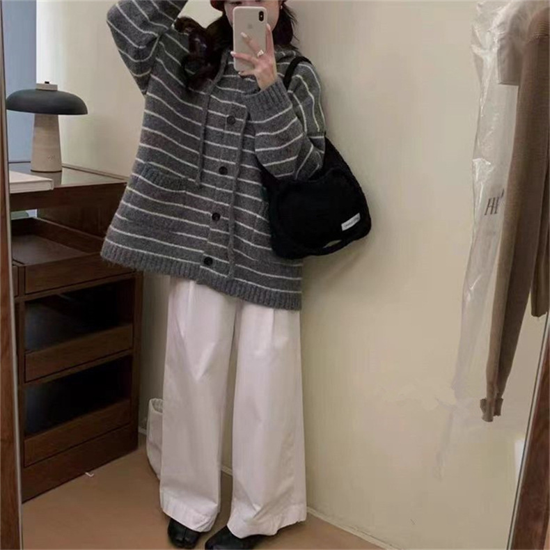 韩系宽松慵懒风条纹休闲毛衣外套女秋冬新款复古百搭连帽针织开衫|undefined