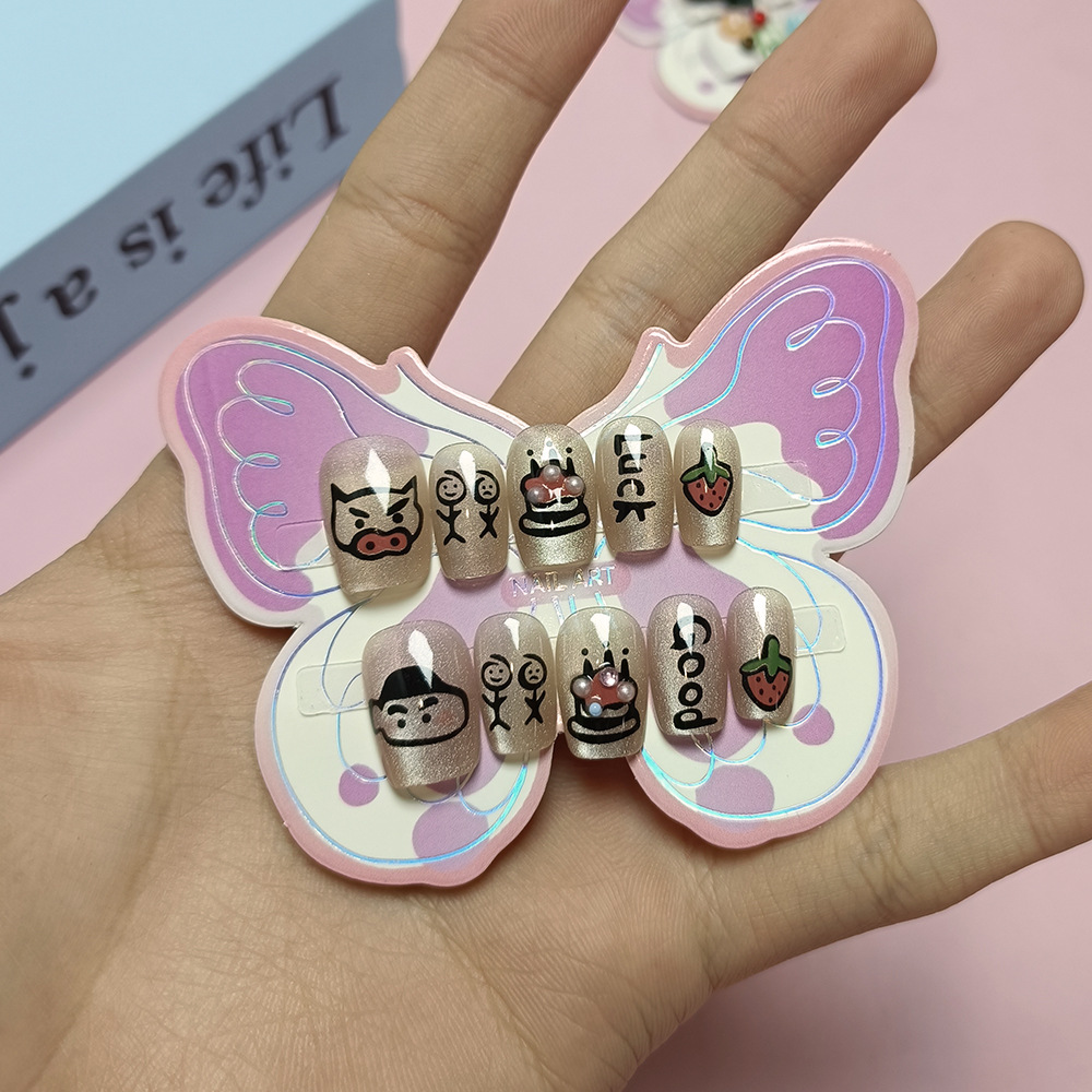 Niños y niñas de 10 a 16 años usan uñas a mano 10 piezas de pequeñas piezas de uñas nuevas, pastel de fresa, parche de uñas image 4