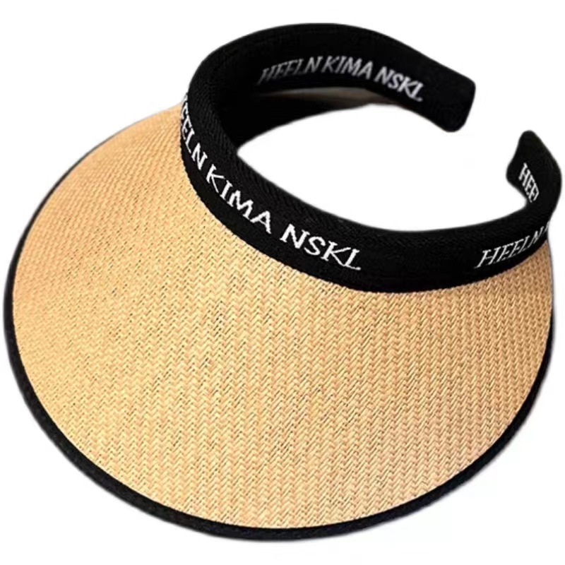 Open-Top Sun Hat for Women, Summer Raffia Pastoral Headband, Black Rubber Wide Brim Sun Protection Face-Covering Sun Hat, Straw Hat