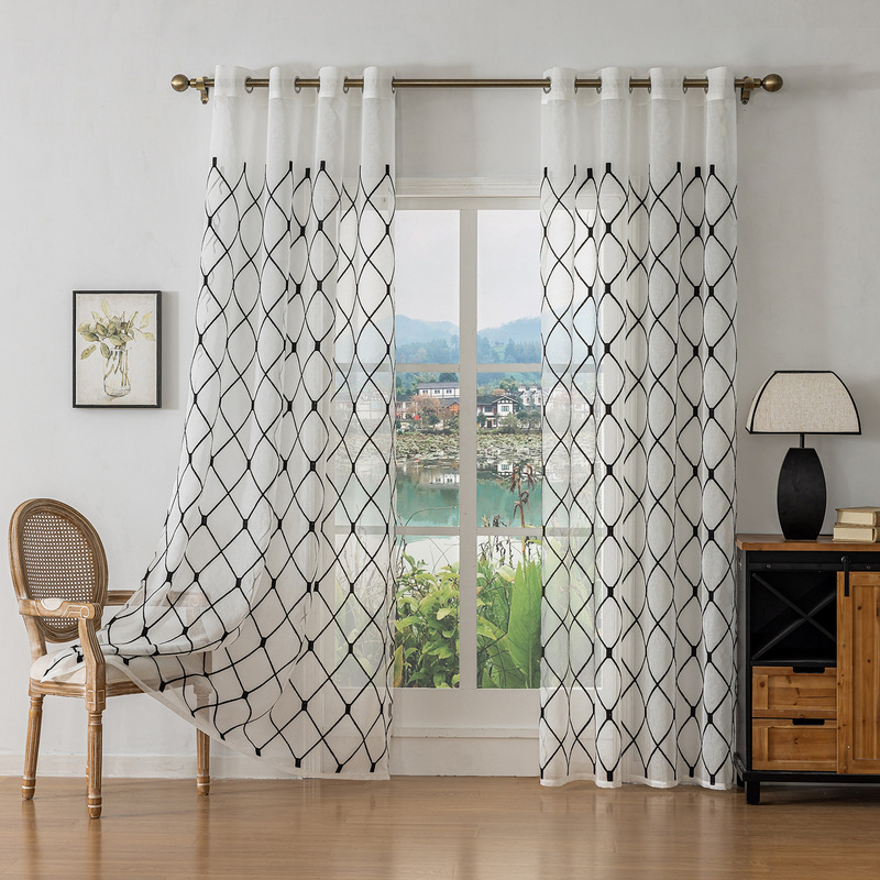 Cross-border black embroidered diamond geometric window screen curtain decoration foreign trade Amazon finished curtain factory wholesale
