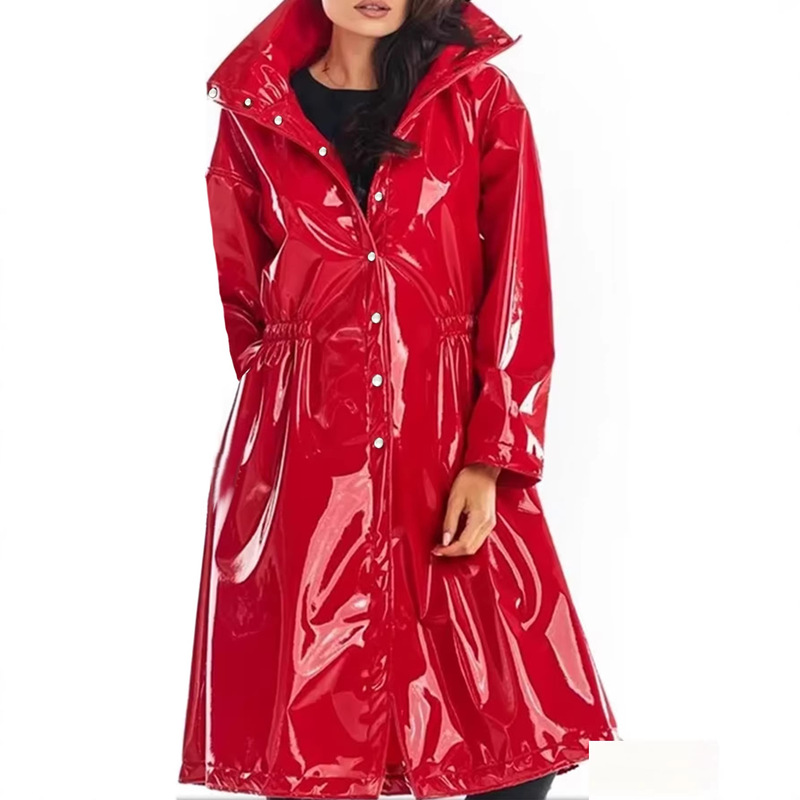 Cross-Border Foreign Trade Pu Hooded Jacket European and American Amazon Women's Fashion Mirror Leather Nightclub Long Trench Coat Jacket