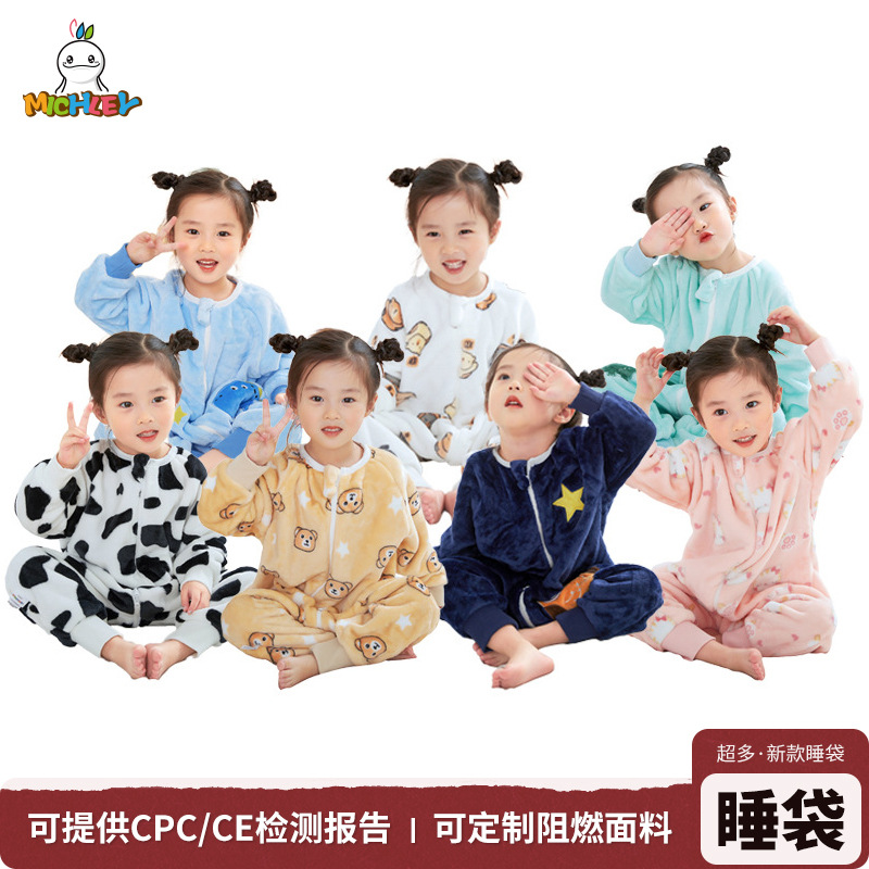 Michley Kidsren's Flannel Sleeping Bag Baby Spring & Fall One-Piece Pajamas Baby Split-Leg Crawling Suit Cross-Border Hot Sale