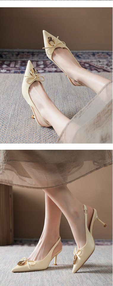 Sandal cao gót nữ mũi nhọn bít mũi đính nơ khóa kim loại, gót 6–8 cm — Màu hồng nhạt, Màu trắng ngà, Màu vàng nhạt chi tiết 10