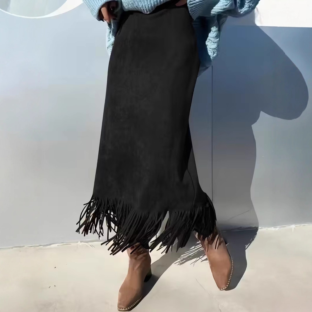 Deerskin Velvet Tassel Skirt Women's 2025 Autumn and Winter High Waist Slimming Hip Skirt Elastic Slimming Short