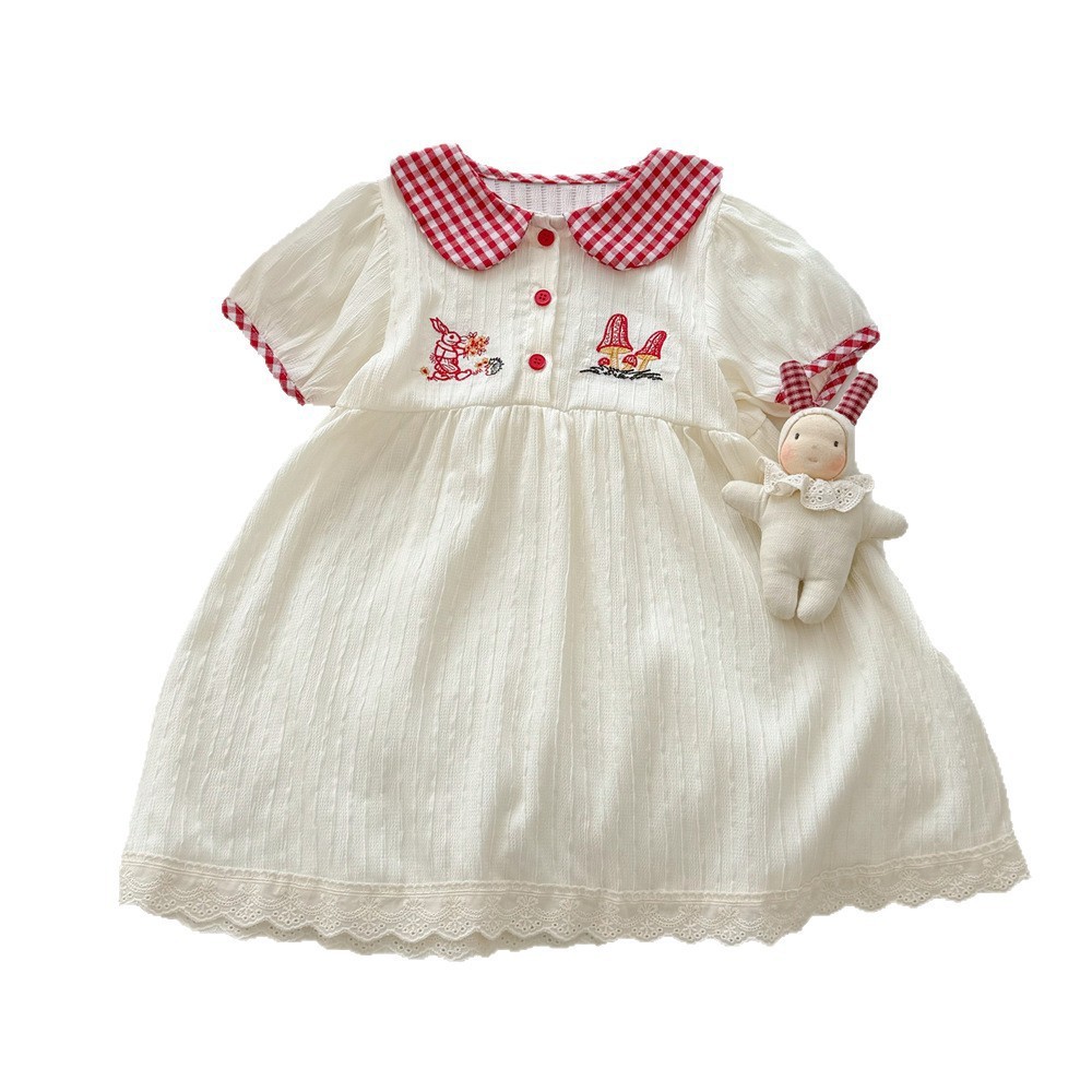 Vestido de siete niñas de limón salado nuevo verano niña bebé vestido de verano coreano con cuello de muñeca bordado falda de manga corta de conejito