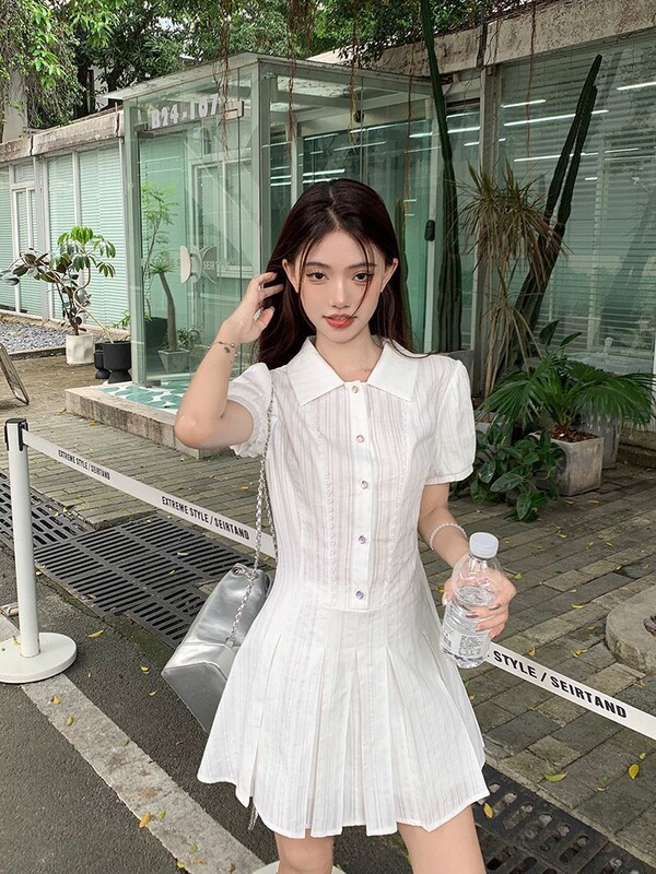 College-Style White Shirt Dress for Women, New Summer Pleated Short Skirt Set for Petite Figures