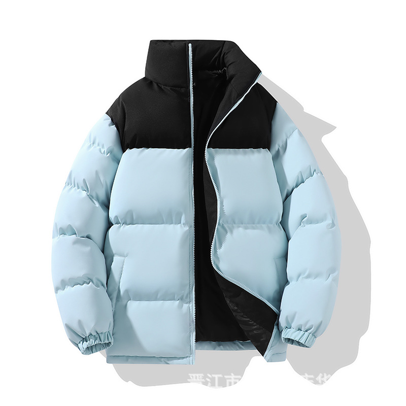 Chaqueta acolchada de algodón estilo pareja para otoño e invierno, corte ajustado, cuello alto con bloques de color, abrigo ligero de algodón, venta al por mayor, logotipo personalizable, dropshipping disponible.
