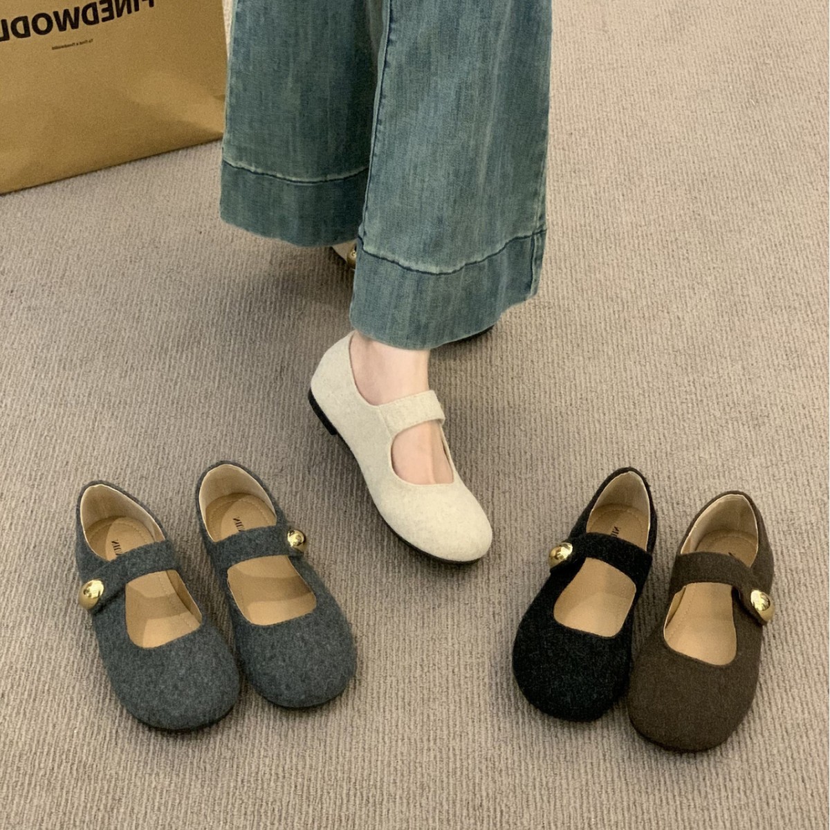 羊皮版~复古森系一字扣带奶奶鞋女2025年新款可爱圆头平底单鞋