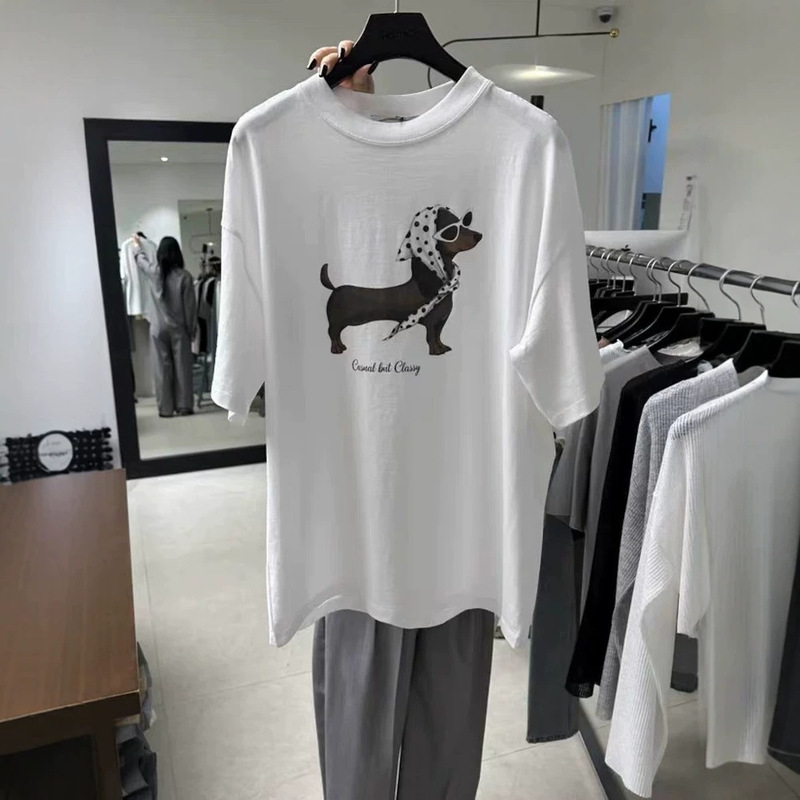 Korean Dongdaemun pure cotton summer new fashion American-style trendy cartoon dog print loose short-sleeve T-shirt for women