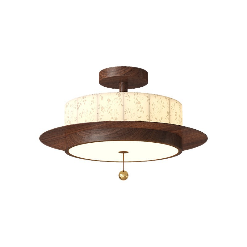 Araña de techo de dormitorio principal de tela impresa de estilo medio 2025 nueva sala de estudio de grano de madera de nogal retro estilo Song