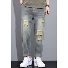 秋冬季百搭新款九分牛仔裤男士破洞宽松直筒乞丐哈伦裤子男潮流