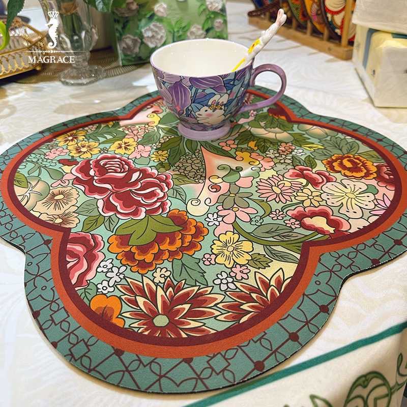 Square-rounded corner tech fabric table mat, new Chinese style household oil and heat-resistant heat insulation mat, retro absorbent bowl mat, drip-proof mat